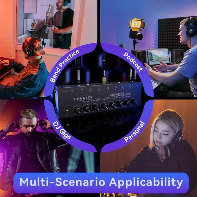 Alt view image 5 of 5 - COKYISS Headphone Amplifier,8 Channel Stereo Headphone Amp,Portable Metal Earphone Splitter,with Built-in Equalizer,w/8 1/4" TRS Headphones Output and 1/4' TRS Audio Input for Sound Mixer