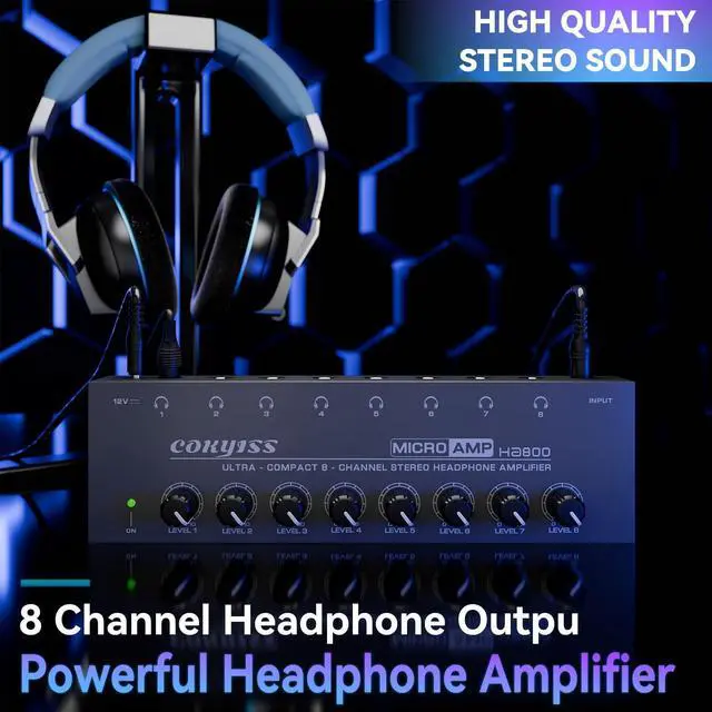 Alt view image 2 of 5 - COKYISS Headphone Amplifier,8 Channel Stereo Headphone Amp,Portable Metal Earphone Splitter,with Built-in Equalizer,w/8 1/4" TRS Headphones Output and 1/4' TRS Audio Input for Sound Mixer