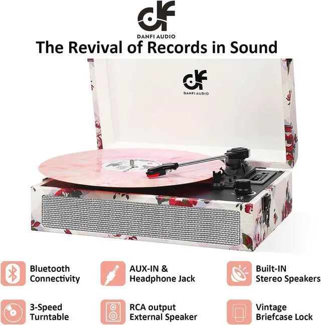 Alt view image 2 of 5 - Record Player with Stereo Speakers Bluetooth Vinyl Player with USB Recording, RCA Line-out AUX-in Headphone Jack, LED display, EQ, Extra Stylus, Floral