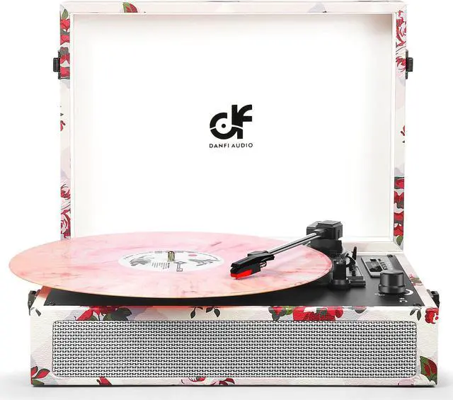 Main image of Record Player with Stereo Speakers Bluetooth Vinyl Player with USB Recording, RCA Line-out AUX-in Headphone Jack, LED display, EQ, Extra Stylus, Floral
