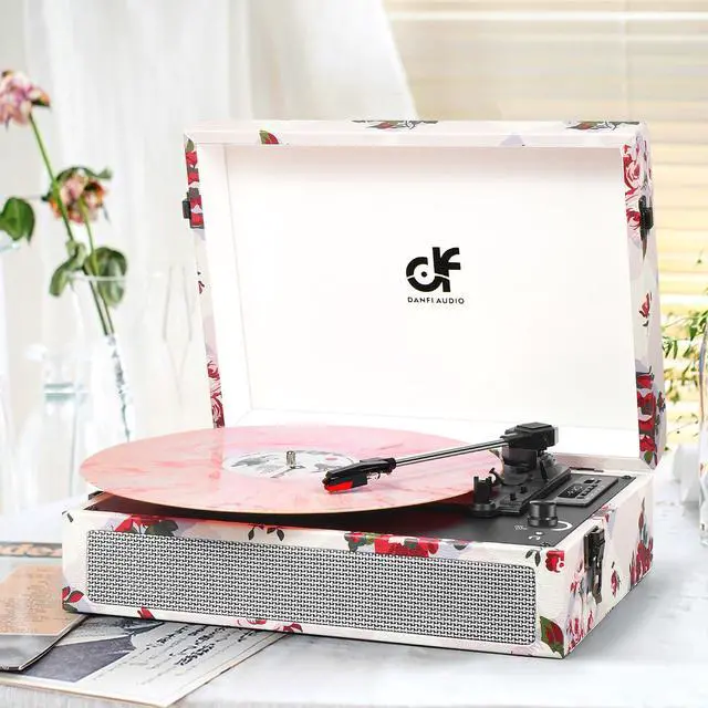 Alt view image 5 of 5 - Record Player with Stereo Speakers Bluetooth Vinyl Player with USB Recording, RCA Line-out AUX-in Headphone Jack, LED display, EQ, Extra Stylus, Floral