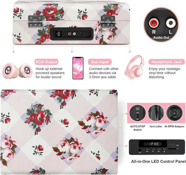 Alt view image 4 of 5 - Record Player with Stereo Speakers Bluetooth Vinyl Player with USB Recording, RCA Line-out AUX-in Headphone Jack, LED display, EQ, Extra Stylus, Floral