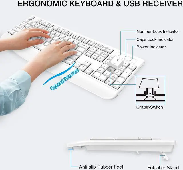 Alt view image 2 of 5 - Wireless Keyboard and Mouse Combo, Full-Sized 2.4GHz Wireless Keyboard with Comfortable Palm Rest and Optical Mouse for Windows, Mac OS PC/Desktops/Computer/Laptops (White)