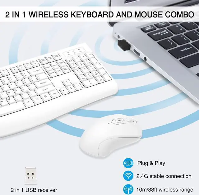 Alt view image 3 of 5 - Wireless Keyboard and Mouse Combo, Full-Sized 2.4GHz Wireless Keyboard with Comfortable Palm Rest and Optical Mouse for Windows, Mac OS PC/Desktops/Computer/Laptops (White)