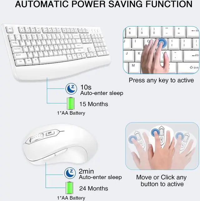 Alt view image 4 of 5 - Wireless Keyboard and Mouse Combo, Full-Sized 2.4GHz Wireless Keyboard with Comfortable Palm Rest and Optical Mouse for Windows, Mac OS PC/Desktops/Computer/Laptops (White)