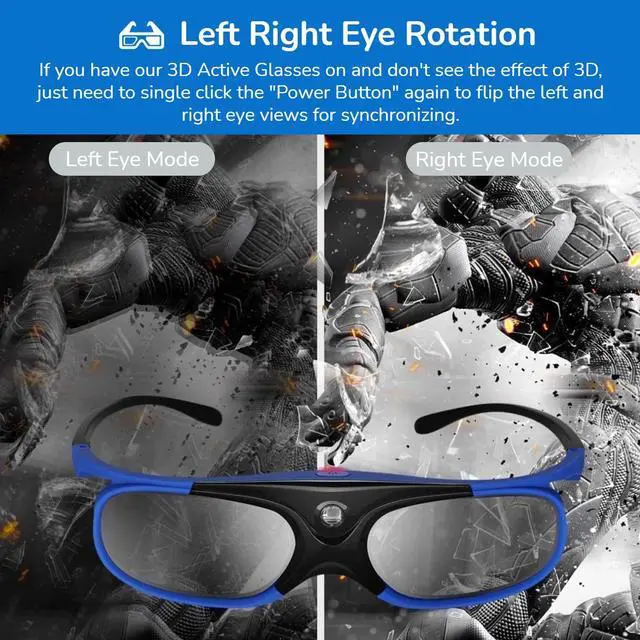 Alt view image 3 of 5 - 2Pcs DLP Link 3D Glasses, 144Hz Rechargeable Active Shutter Glasses for All DLP Link 3D Projectors, Built in 80 mAh Battery, for XGIMI ZX4 H1, for G1 G3 X1, for Acer, for Optoma