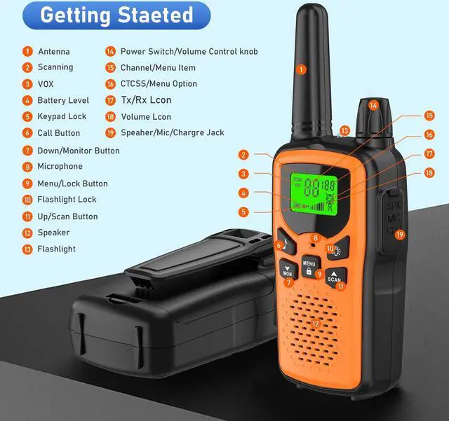 Alt view image 2 of 5 - Walkie Talkies,Erelis Long Rang Walkie Talkies with 22 FRS Channels,Walkie Talkies for Adults with Lamp,VOX,LCD Display for Outdoor Activities 4 Pack (Orange)