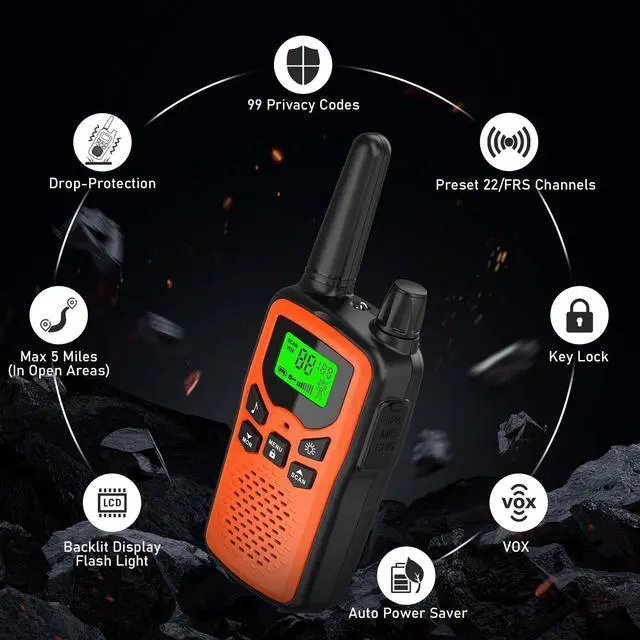 Alt view image 3 of 5 - Walkie Talkies,Erelis Long Rang Walkie Talkies with 22 FRS Channels,Walkie Talkies for Adults with Lamp,VOX,LCD Display for Outdoor Activities 4 Pack (Orange)