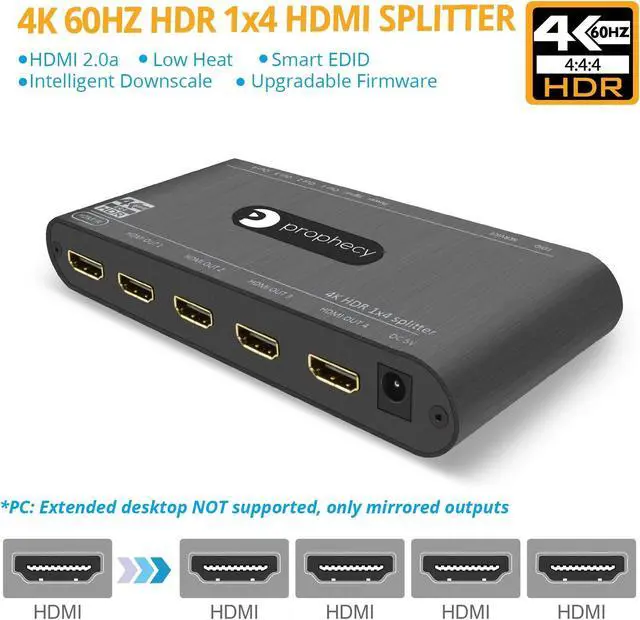 Alt view image 2 of 5 - gofanco Prophecy Intelligent 1x4 HDMI Splitter 4K 60Hz HDR - 4K @60Hz 4:4:4, 18Gbps - Auto Scaling, HDMI 2.0a, HDCP 2.2, 3D, EDID, Cascadable, Firmware Upgradable - 4 Port, 1 in 4 Out, TAA Compliant