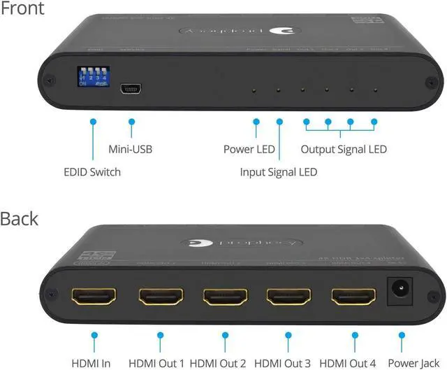 Alt view image 4 of 5 - gofanco Prophecy Intelligent 1x4 HDMI Splitter 4K 60Hz HDR - 4K @60Hz 4:4:4, 18Gbps - Auto Scaling, HDMI 2.0a, HDCP 2.2, 3D, EDID, Cascadable, Firmware Upgradable - 4 Port, 1 in 4 Out, TAA Compliant