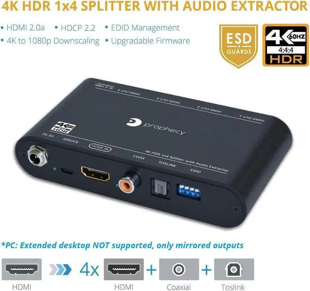 Alt view image 2 of 5 - gofanco Prophecy HDMI Splitter 4K 60Hz HDR 1x4 - YUV 4:4:4, with HDMI Audio Extractor to Toslink & RCA, HDR, HDMI 2.0a, HDCP 2.2, 18Gbps, Auto Scaling, EDID Management, TAA Compliant