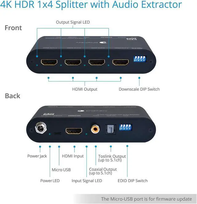 Alt view image 4 of 5 - gofanco Prophecy HDMI Splitter 4K 60Hz HDR 1x4 - YUV 4:4:4, with HDMI Audio Extractor to Toslink & RCA, HDR, HDMI 2.0a, HDCP 2.2, 18Gbps, Auto Scaling, EDID Management, TAA Compliant