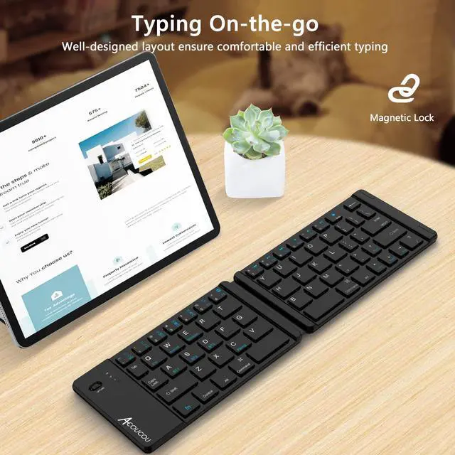 Alt view image 3 of 5 - Acoucou Mini Bluetooth Keyboard Wireless Foldable Keyboard, Rechargeable Bluetooth Keyboard Portable Pocket Size Keyboard, Compatible with MAC/iOS, Windows, Android Smartphones, Tablets, Laptops etc.