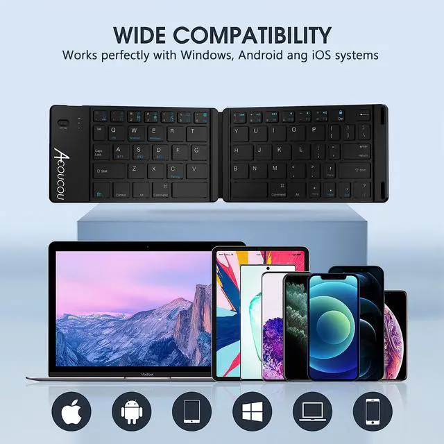 Alt view image 5 of 5 - Acoucou Mini Bluetooth Keyboard Wireless Foldable Keyboard, Rechargeable Bluetooth Keyboard Portable Pocket Size Keyboard, Compatible with MAC/iOS, Windows, Android Smartphones, Tablets, Laptops etc.