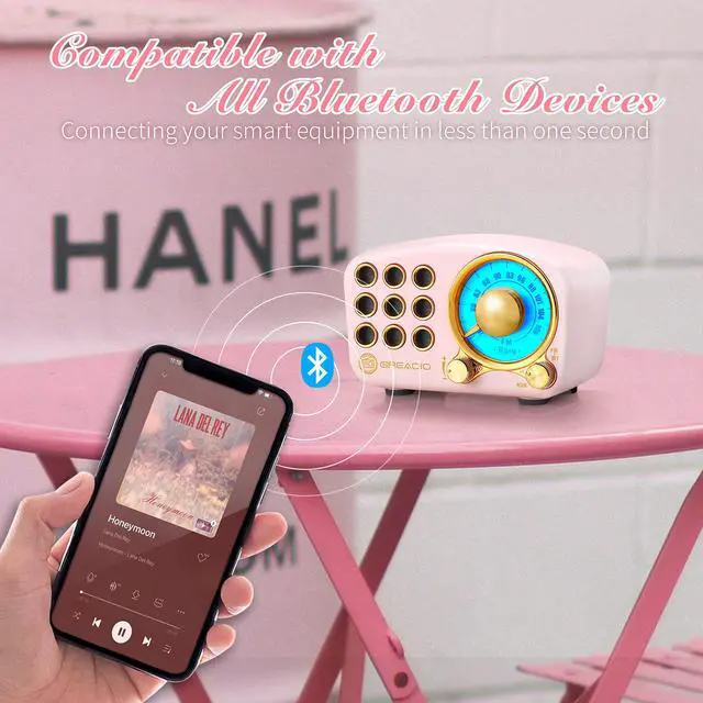 Alt view image 4 of 5 - Retro Bluetooth Speaker, Vintage Radio-Greadio FM Radio with Old fashioned Classic Style, Strong Bass Enhancement, Loud Volume, Bluetooth 5.0 Wireless Connection, TF Card and MP3 Player (Pink)