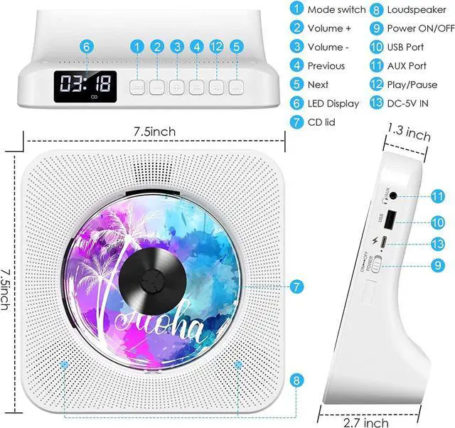 Alt view image 4 of 5 - Gueray Portable CD Player with Bluetooth, Desktop CD Music Players for Home Built-in Double HiFi Sound Speakers, Support AUX&USB Headphone Jack, FM Radio Boombox, LCD Screen Display for Kids Gift