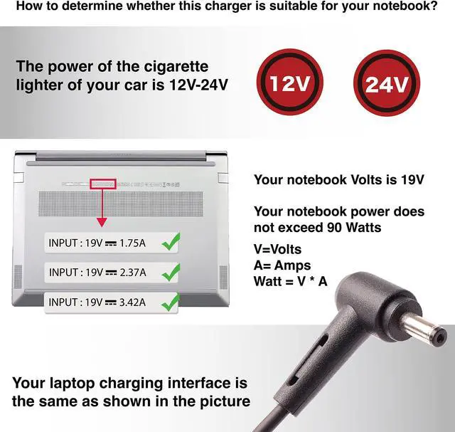 Alt view image 5 of 5 - HELPERS LAB DC 12V-24V Laptop Car Charger Adapter for Asus F555LA F451C X551CA X551M X550CA X555 Zenbook UX21A UX31A UX32A UX42A UX303LA UX305 T300LA TP300LA S200E 19V 2.37A 1.75A 3.42A Power Supply