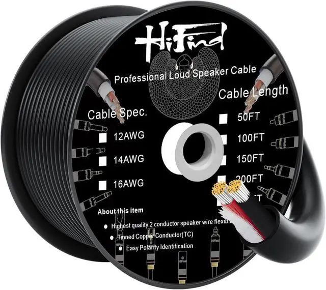 Main image of HiFind 14/2 Gauge Speaker Wire Cable 100 Ft-Tinned OFC Copper-UL CL3 Rated- Indoor/Outdoor-Pro Series 14 AWG-UV PVC Jacket&Cotton, Hi-Fi Sound for Car Audio,Home Theater Speakers,Stereos-Black