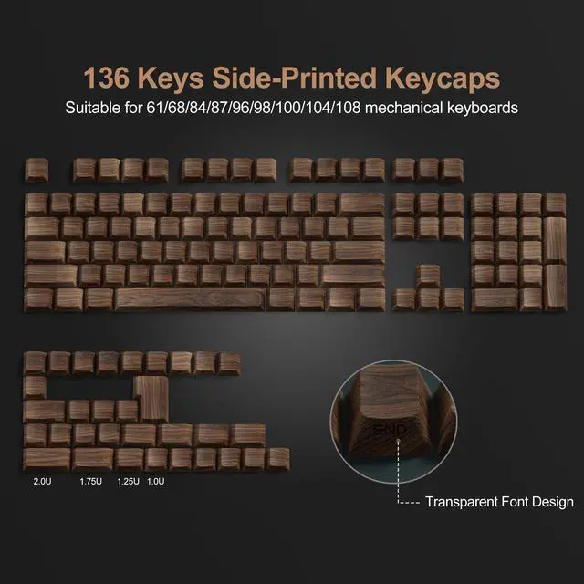 Alt view image 5 of 5 - XVX PBT Keycaps - Side Print Keycaps, Shine Through Custom Key caps 75 Percent, Retro Keycap Set Dye Sub & Double Shot, 136 Keys Cherry Profile Keyboard Keycap for Mechanical Keyboard, Walnut Textures