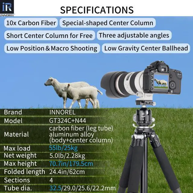 Alt view image 2 of 5 - Carbon Fiber Tripod-INNOREL GT324C Professional Compact Tripod for DSLR Camera Heavy Duty Stand with Low Gravity Center Ball Head Special-Shaped Center Column Max Load 55lbs/25kg