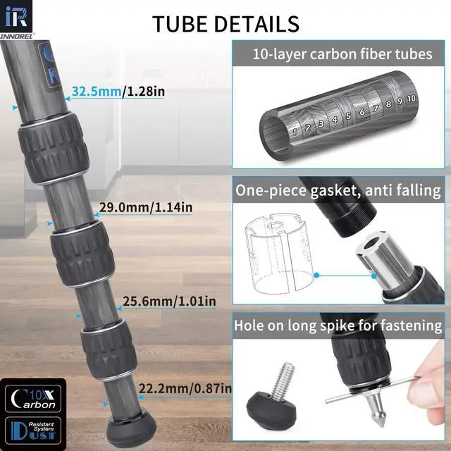 Alt view image 5 of 5 - Carbon Fiber Tripod-INNOREL GT324C Professional Compact Tripod for DSLR Camera Heavy Duty Stand with Low Gravity Center Ball Head Special-Shaped Center Column Max Load 55lbs/25kg