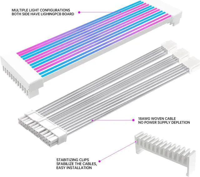 Alt view image 2 of 5 - RGB PC Cables,All White 3x8 pin RGB Cable Extension PC for CPU/PCIE,5V 3Pin Sync RGB PSU Cables.