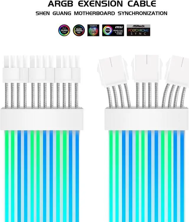 Alt view image 4 of 5 - RGB PC Cables,All White 3x8 pin RGB Cable Extension PC for CPU/PCIE,5V 3Pin Sync RGB PSU Cables.