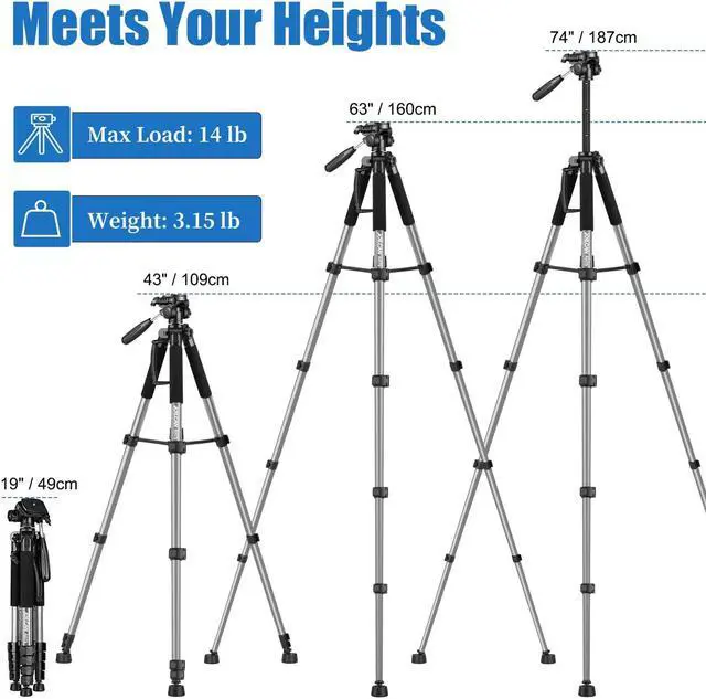 Alt view image 5 of 5 - JOILCAN Tripod Camera Tripods, 74" Tripod for Camera Cell Phone Video Recording, Heavy Duty Tall Camera Tripod Stand, Professional Travel DSLR Tripods Compatible with Canon iPhone, Gunmetal Grey