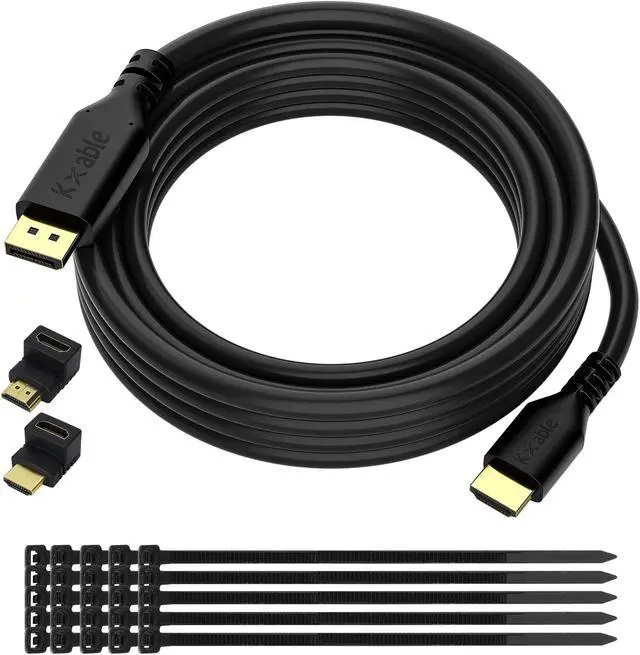 Main image of 4K DisplayPort to HDMI Cable 50 FT, DP to HDMI Male Video UHD Cable, Uni-Directional Cord, for PC, Desktop, Graphics Card to HDTV, Monitor, Projector, with 2 HDMI Angle Adapters and 25 Zip Ties-Black