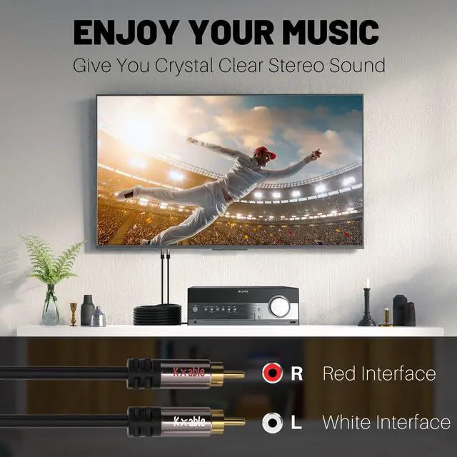 Alt view image 4 of 5 - RCA Cable 100FT, 2RCA Male to 2RCA Male Stereo Audio Cable,[(Oxygen-Free Copper, Hi-Fi Sound, Double Shielded)]  2 RCA Car Audio Subwoofer Cord for Home Theater, HDTV, Amplifier, Hi-Fi System, Speaker