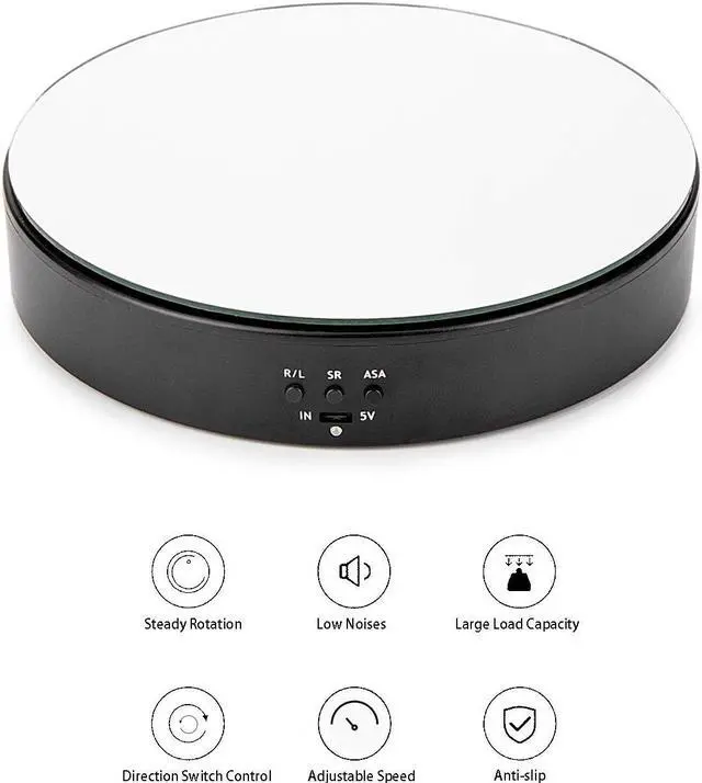 Alt view image 2 of 5 - Leadleds Motorized Rotating Display Stand, 7.7" Black Top Mirror USB and Battery Operated Display Turntable for Photography, Video, Product, Shoes, Cake Stand