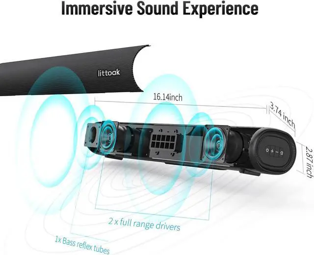 Alt view image 2 of 5 - littoak Small Sound Bar for TV, Soundbar with Bluetooth 5.0/HDMI/Optical/USB/AUX/Coax Connection, 50 Watt 16 Inch Soundbars for Home Theater, Wall Mountable (SE04)