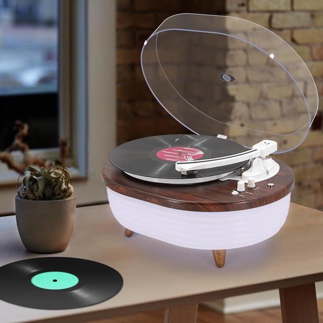 Alt view image 3 of 5 - Vinyl Record Player, Vintage 2-Speed Wireless Turntable with Built-in Stereo Speakers, 6 Lighting Modes Record Player for 7/10/12inch Vinyl Records, RCA/Auto-Stop/Phono Preamp (Red Wood)