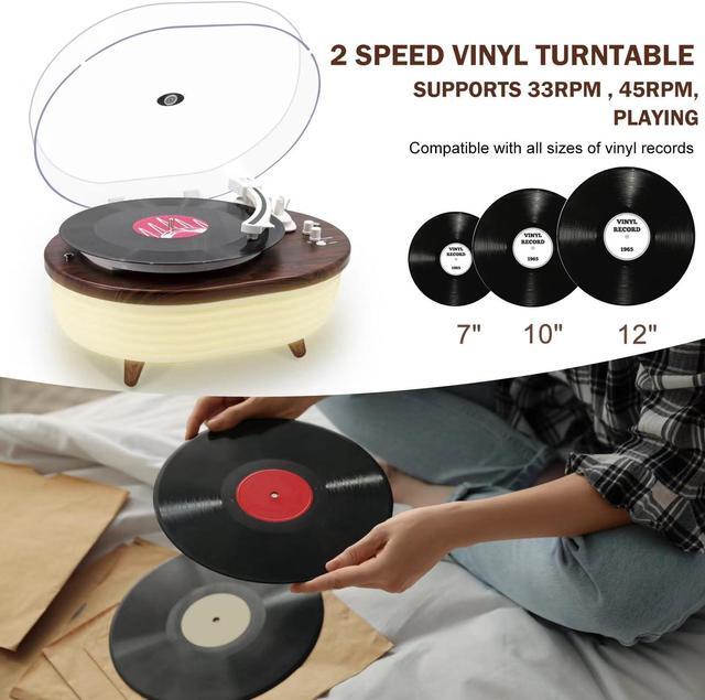 Alt view image 5 of 5 - Vinyl Record Player, Vintage 2-Speed Wireless Turntable with Built-in Stereo Speakers, 6 Lighting Modes Record Player for 7/10/12inch Vinyl Records, RCA/Auto-Stop/Phono Preamp (Red Wood)