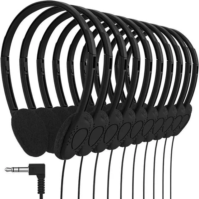Main image of Maeline Bulk Classroom Student Headphones On Ear Stereo Headphones Flexible Adjustable Band for Kids Online Learning, Library, School, Airplane, Travel - 3.5mm Plug - 50 Pack - Black
