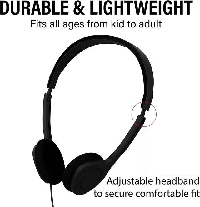 Alt view image 3 of 5 - Maeline Bulk Classroom Student Headphones On Ear Stereo Headphones Flexible Adjustable Band for Kids Online Learning, Library, School, Airplane, Travel - 3.5mm Plug - 50 Pack - Black
