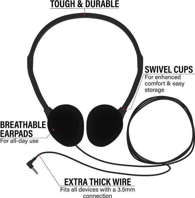 Alt view image 4 of 5 - Maeline Bulk Classroom Student Headphones On Ear Stereo Headphones Flexible Adjustable Band for Kids Online Learning, Library, School, Airplane, Travel - 3.5mm Plug - 50 Pack - Black