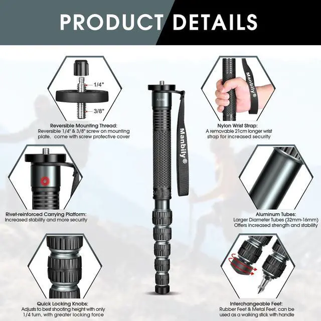 Alt view image 4 of 5 - Manbily Camera Monopod, A-666L 32mm Tube Aluminum Monopod with Walking Stick Handle, Travel Monopod for DSLR Cameras Canon Sony Nikon, Payload 33 lbs/15kg (69")