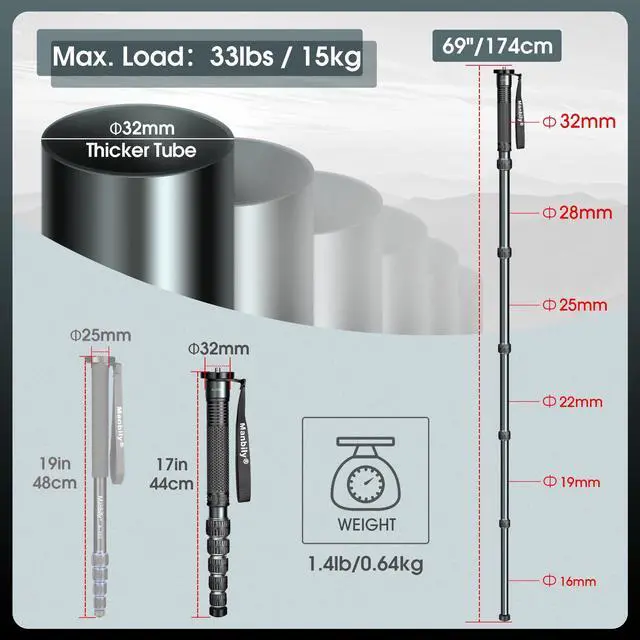 Alt view image 3 of 5 - Manbily Camera Monopod, A-666L 32mm Tube Aluminum Monopod with Walking Stick Handle, Travel Monopod for DSLR Cameras Canon Sony Nikon, Payload 33 lbs/15kg (69")