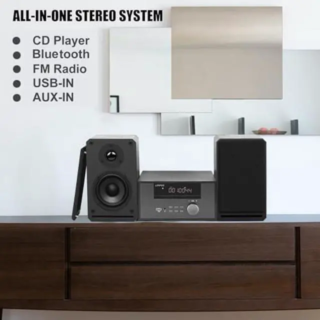 Alt view image 2 of 5 - Home CD Stereo Shelf System,100W Hi-Fi Bookshelf Speskers System (CD Player, FM Radio, Wireless Bluetooth, USB Playback, AUX, Headphone Jack)