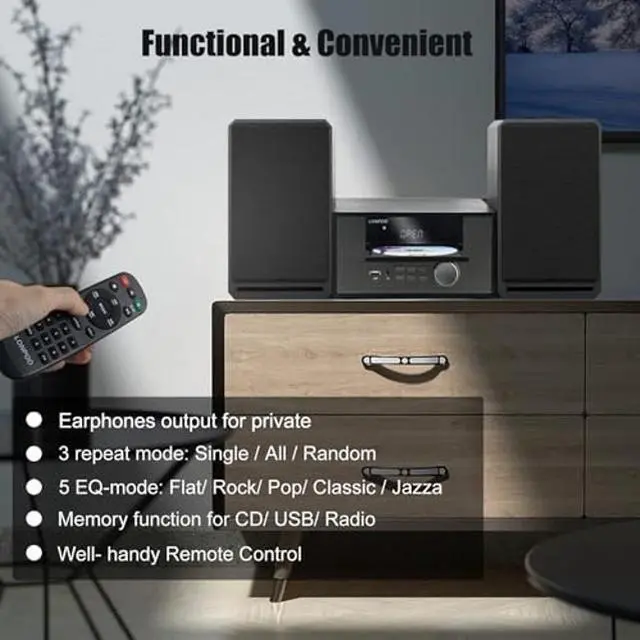 Alt view image 4 of 5 - Home CD Stereo Shelf System,100W Hi-Fi Bookshelf Speskers System (CD Player, FM Radio, Wireless Bluetooth, USB Playback, AUX, Headphone Jack)