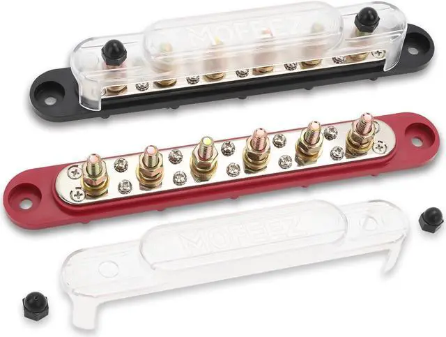 Main image of MOFEEZ Power Distribution Block Bus Bar, 6 x 5/16" Posts, 10 x #8 Screws Terminals, Max 48V 250A (Pair, Red & Black)
