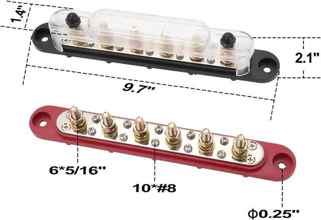 Alt view image 2 of 5 - MOFEEZ Power Distribution Block Bus Bar, 6 x 5/16" Posts, 10 x #8 Screws Terminals, Max 48V 250A (Pair, Red & Black)