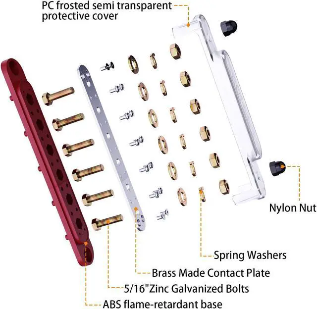 Alt view image 3 of 5 - MOFEEZ Power Distribution Block Bus Bar, 6 x 5/16" Posts, 10 x #8 Screws Terminals, Max 48V 250A (Pair, Red & Black)