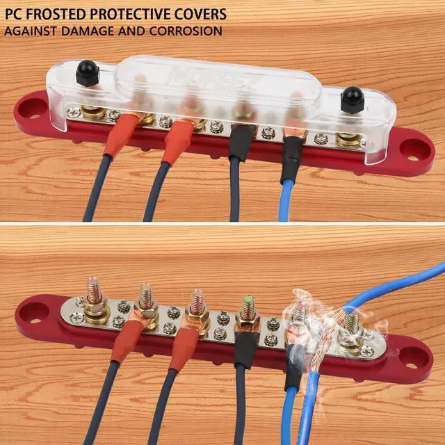 Alt view image 4 of 5 - MOFEEZ Power Distribution Block Bus Bar, 6 x 5/16" Posts, 10 x #8 Screws Terminals, Max 48V 250A (Pair, Red & Black)