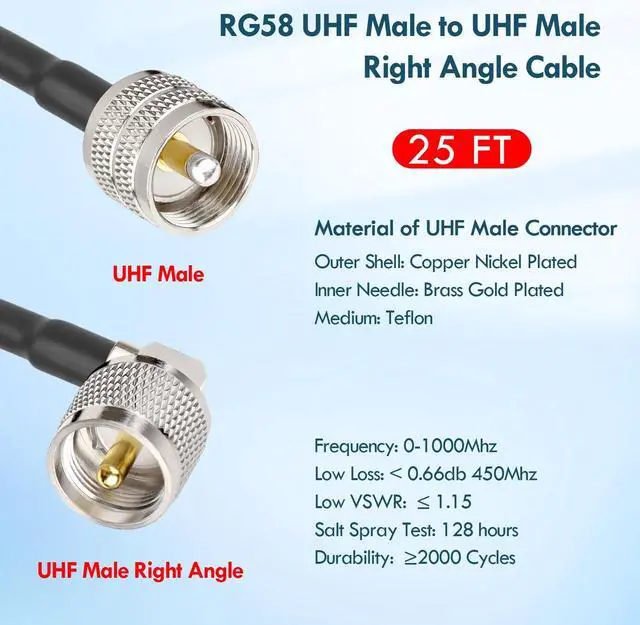 Alt view image 2 of 5 - MOOKEERF CB Coax Cable - RG58 UHF PL-259 Male to Male Right Angle Coaxial Cable 25FT Low Loss Cb Antenna Cable Jumper Cable for CB Radio, HAM Radio, Antenna Analyzer, SWR Meter