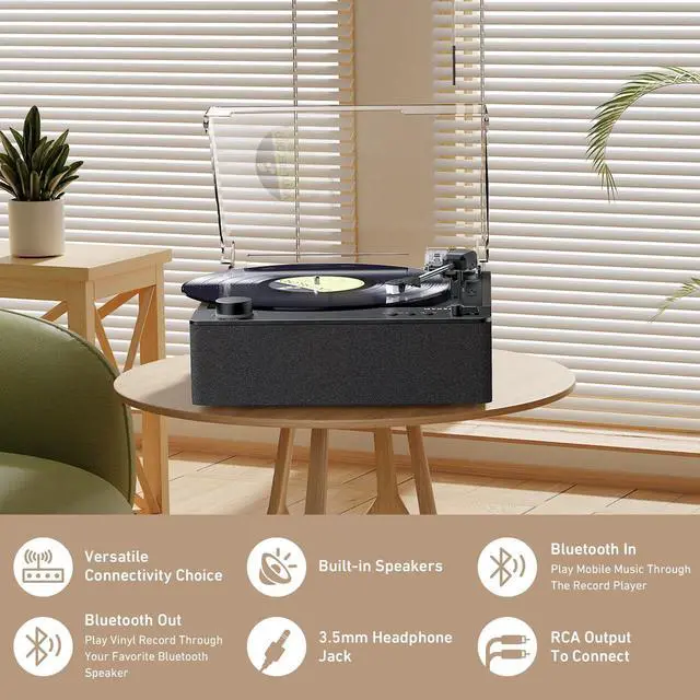 Alt view image 4 of 5 - MYKESONIC Fully Automatic Record Player, Bluetooth Belt Drive Vinyl Turntable, Magnetic AT-3600L Cartridge, Bluetooth in & Out, Hi-Fi Stereo Speakers, Aux in Headphone, RCA Out, Anti-Resonance - Black