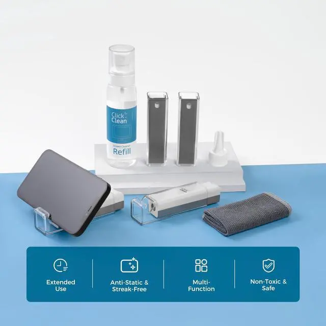 Alt view image 2 of 5 - Click Clean Screen Cleaner Kits - 4 All-in-One Screen Cleaner with 4 oz Cleaner Refill, 1 Microfiber Cloth(7.8 x 7.8in), 1 Mini Refill Funnel, and 1 Sprayer - for All Phones, Laptop and Tablet Screens