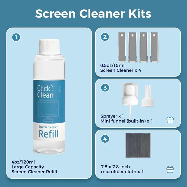 Alt view image 4 of 5 - Click Clean Screen Cleaner Kits - 4 All-in-One Screen Cleaner with 4 oz Cleaner Refill, 1 Microfiber Cloth(7.8 x 7.8in), 1 Mini Refill Funnel, and 1 Sprayer - for All Phones, Laptop and Tablet Screens