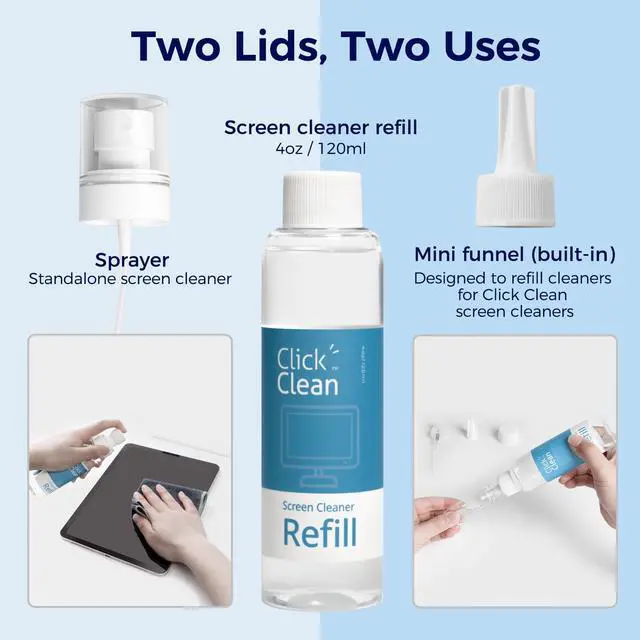 Alt view image 5 of 5 - Click Clean Screen Cleaner Kits - 4 All-in-One Screen Cleaner with 4 oz Cleaner Refill, 1 Microfiber Cloth(7.8 x 7.8in), 1 Mini Refill Funnel, and 1 Sprayer - for All Phones, Laptop and Tablet Screens